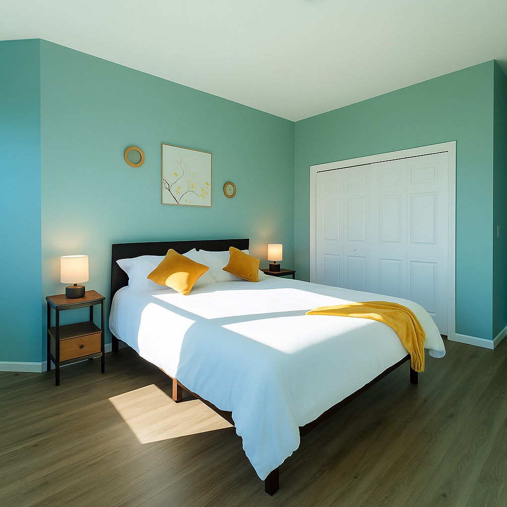 Bright bedroom with teal walls and gold accents